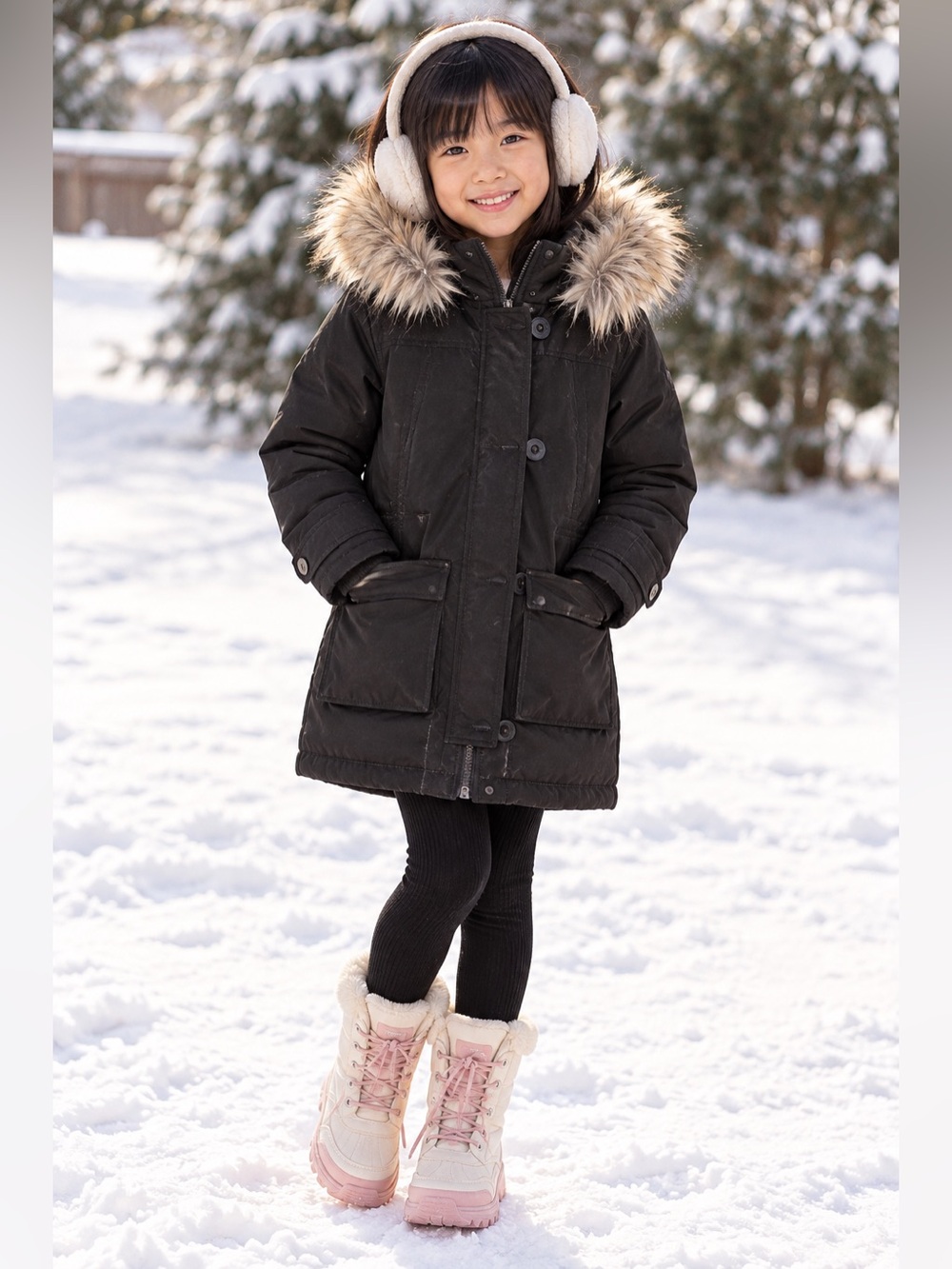 Girls' Insulated Black Puffer Coat with Faux-Fur Trimmed Hood